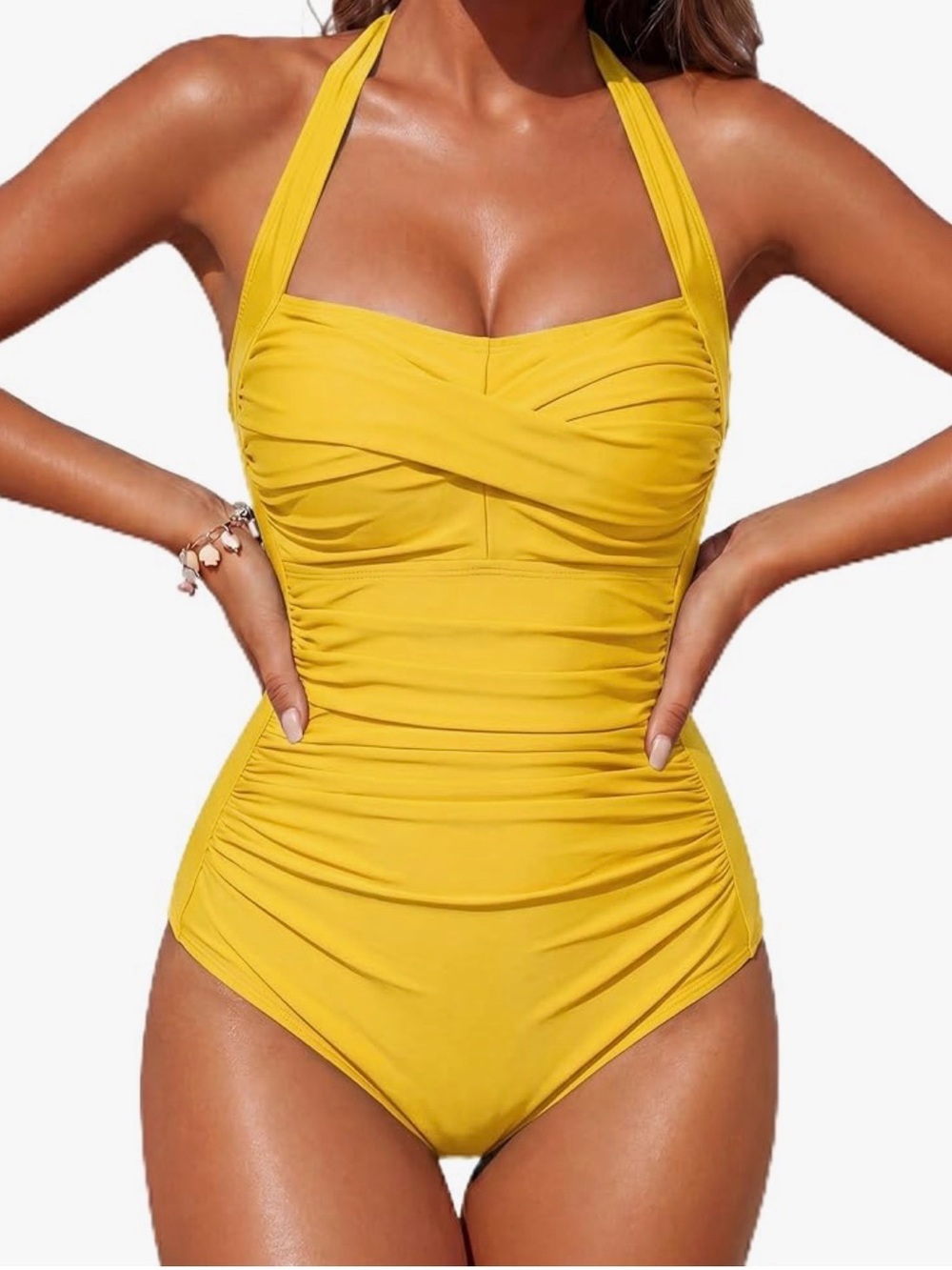 Ruched Halter One-Piece Swimsuit in vibrant Yellow.